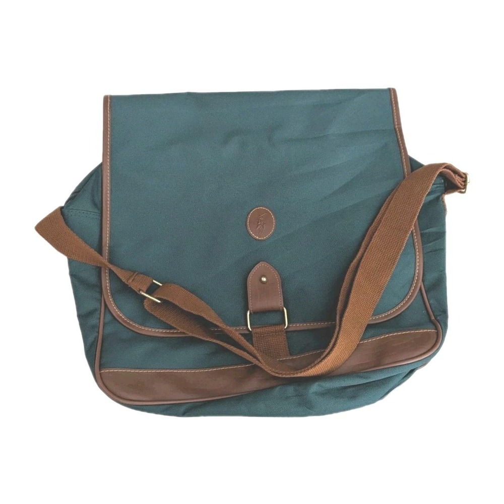 Polo Ralph Lauren Vintage Messenger Laptop‎ Work Bag Hunter Green Brown Leather